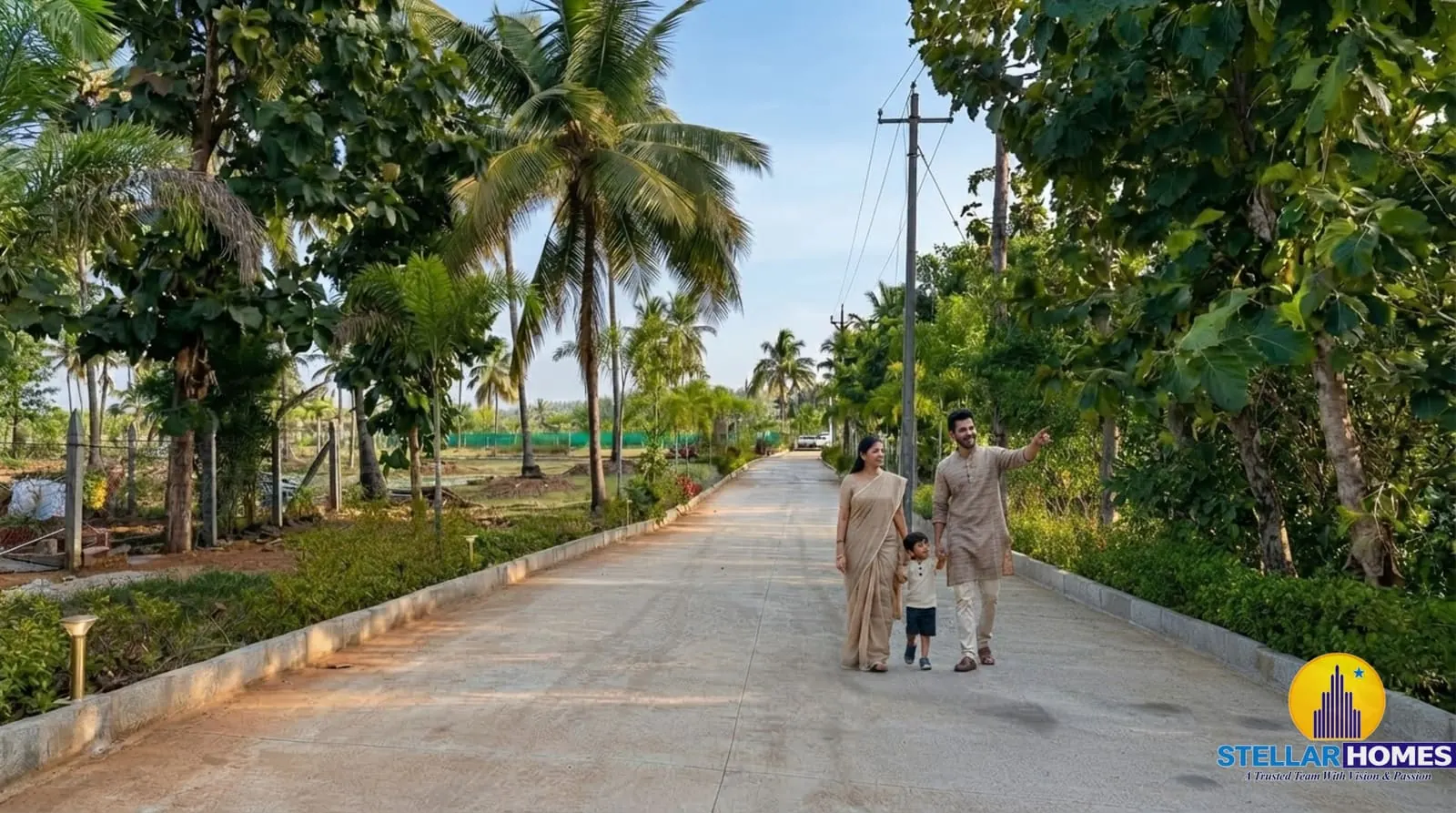 Concrete internal road lined with coconut palms at Stellar Palmgrove