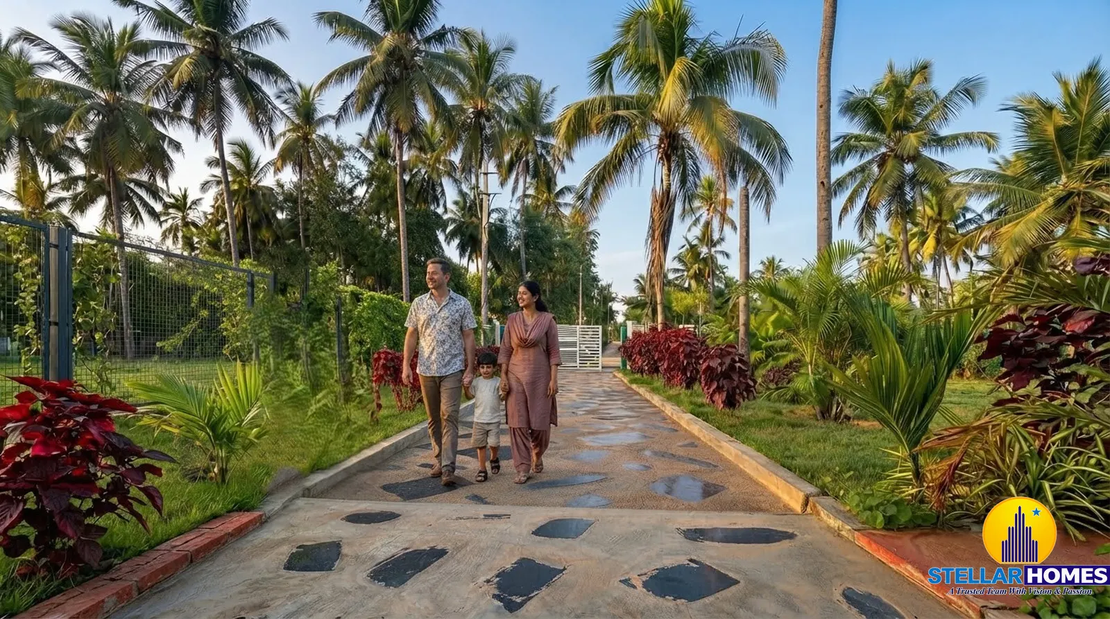 Landscaped walkway marking demarcated plot boundaries