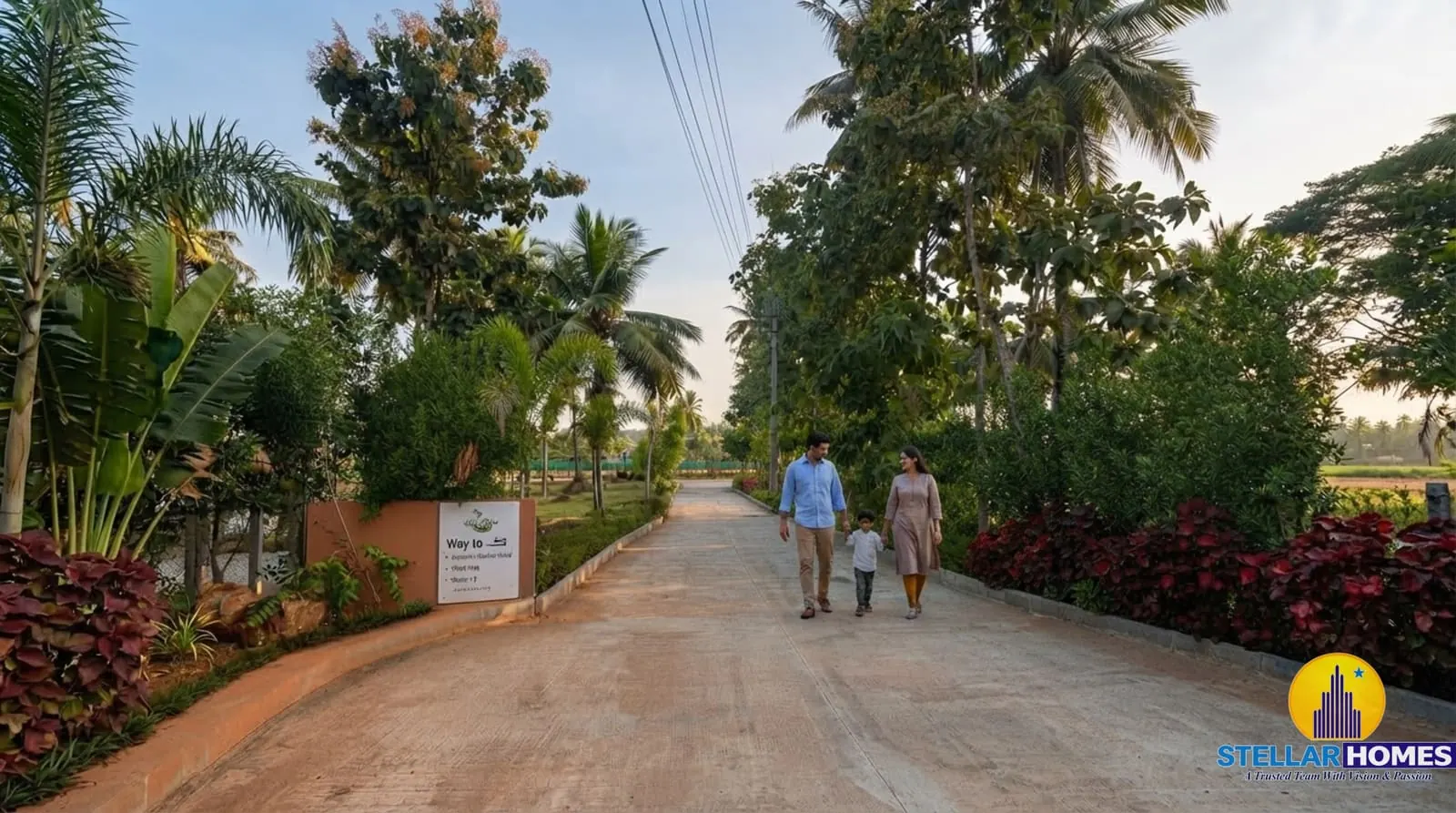 Wayfinding signage marking the way to amenities along Stellar Palmgrove's internal roads