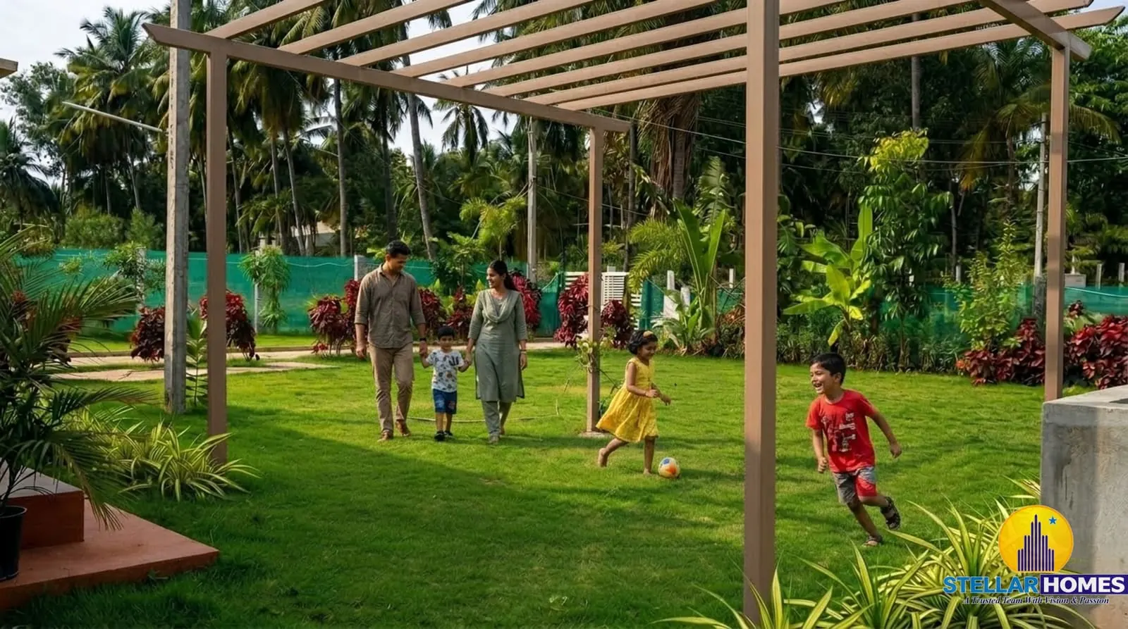 Open-air pergola pavilion and lawn at Stellar Palmgrove