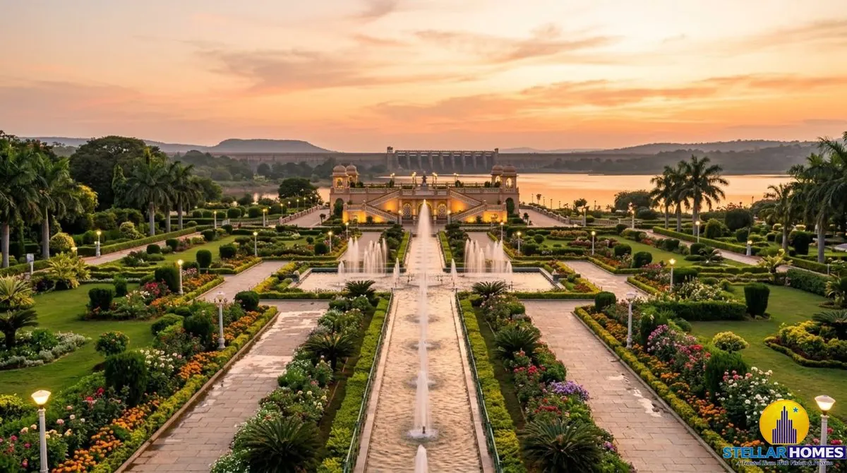 Brindavan Gardens terraced lawns and fountains at sunset