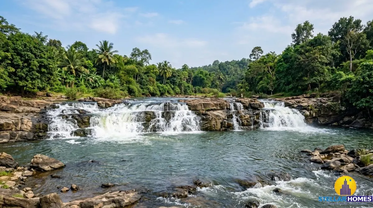 Cauvery river flowing over rocky falls