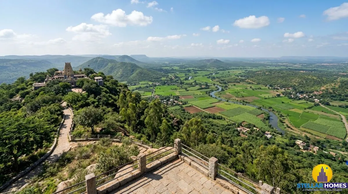 View over farmland from the Karighatta hill viewpoint