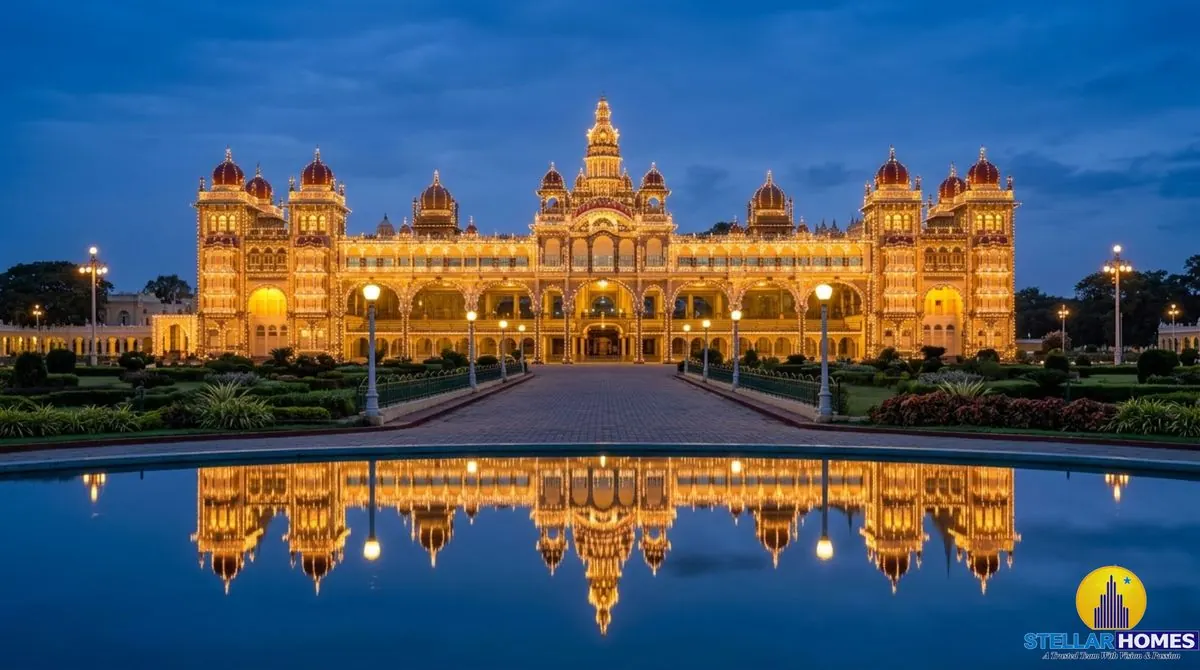 Illuminated Mysore Palace at dusk
