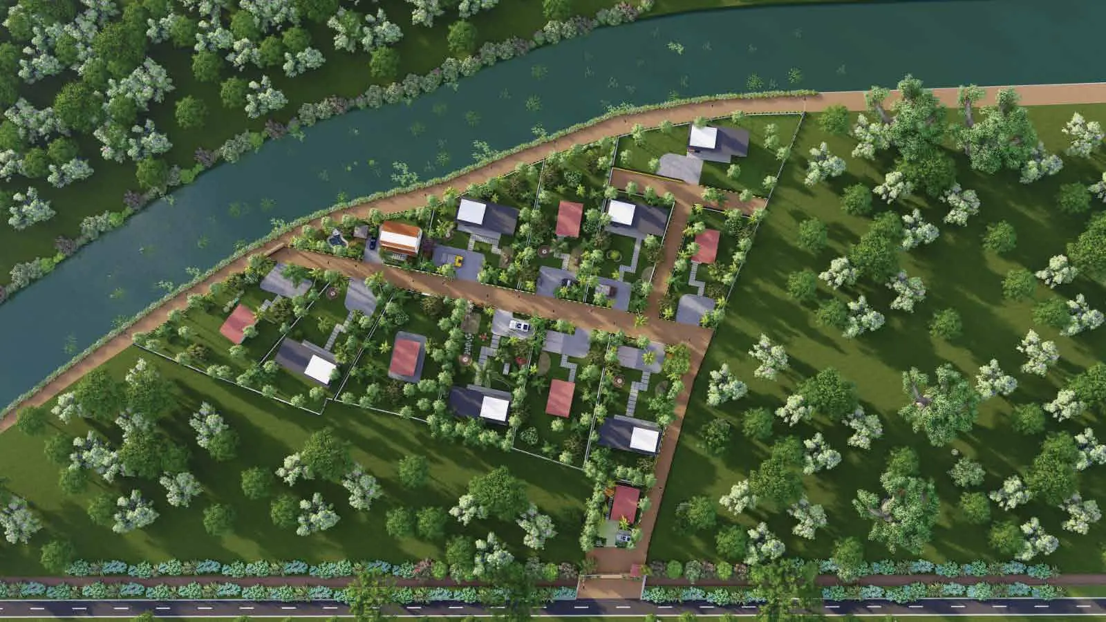 Aerial artist’s impression of the Stellar Palmgrove layout plan: farm plots and internal roads beside a river