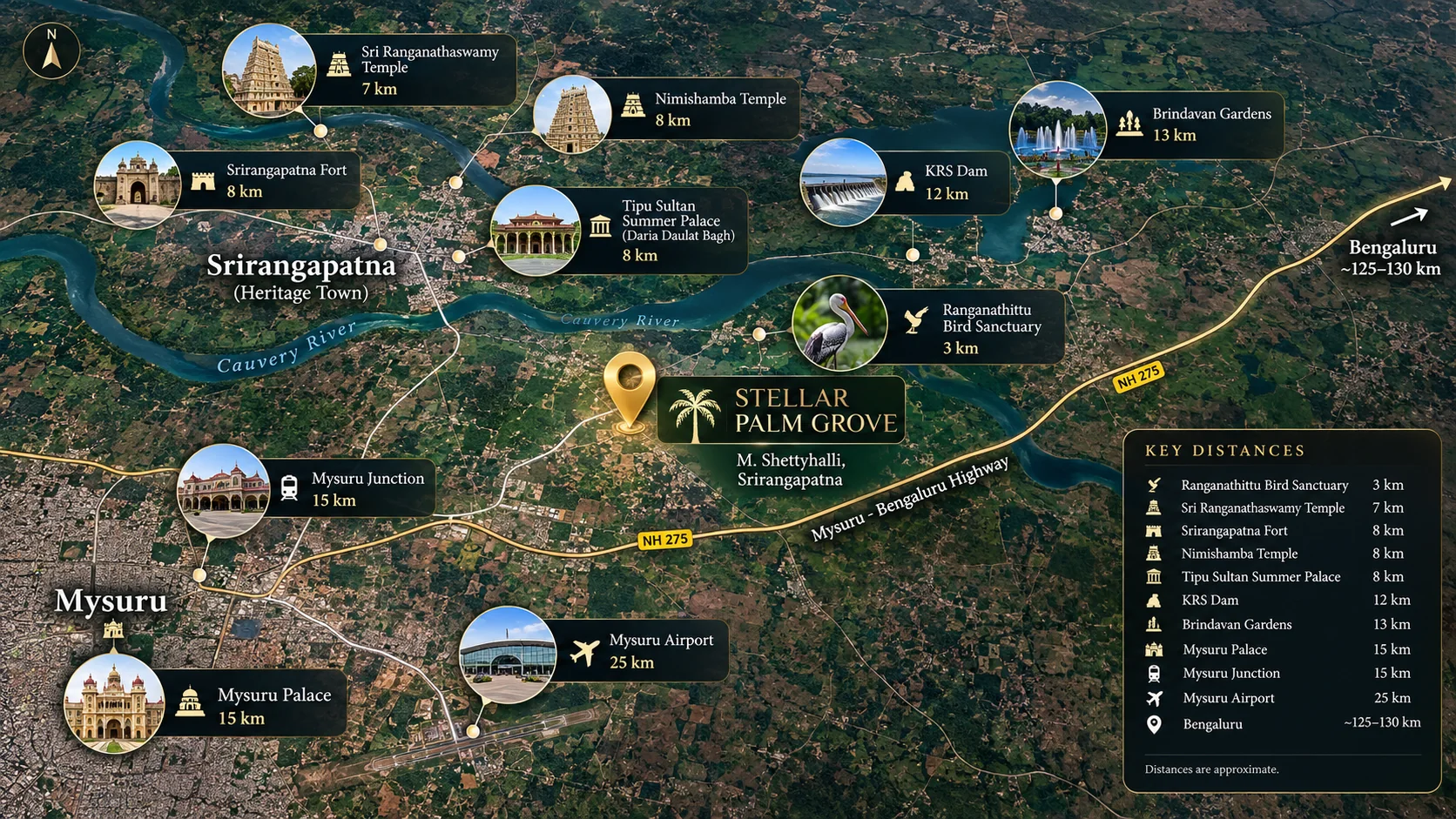 Map of Stellar Palmgrove at M. Shettyhalli, Srirangapatna with approximate distances to nearby landmarks, Mysuru and Bengaluru